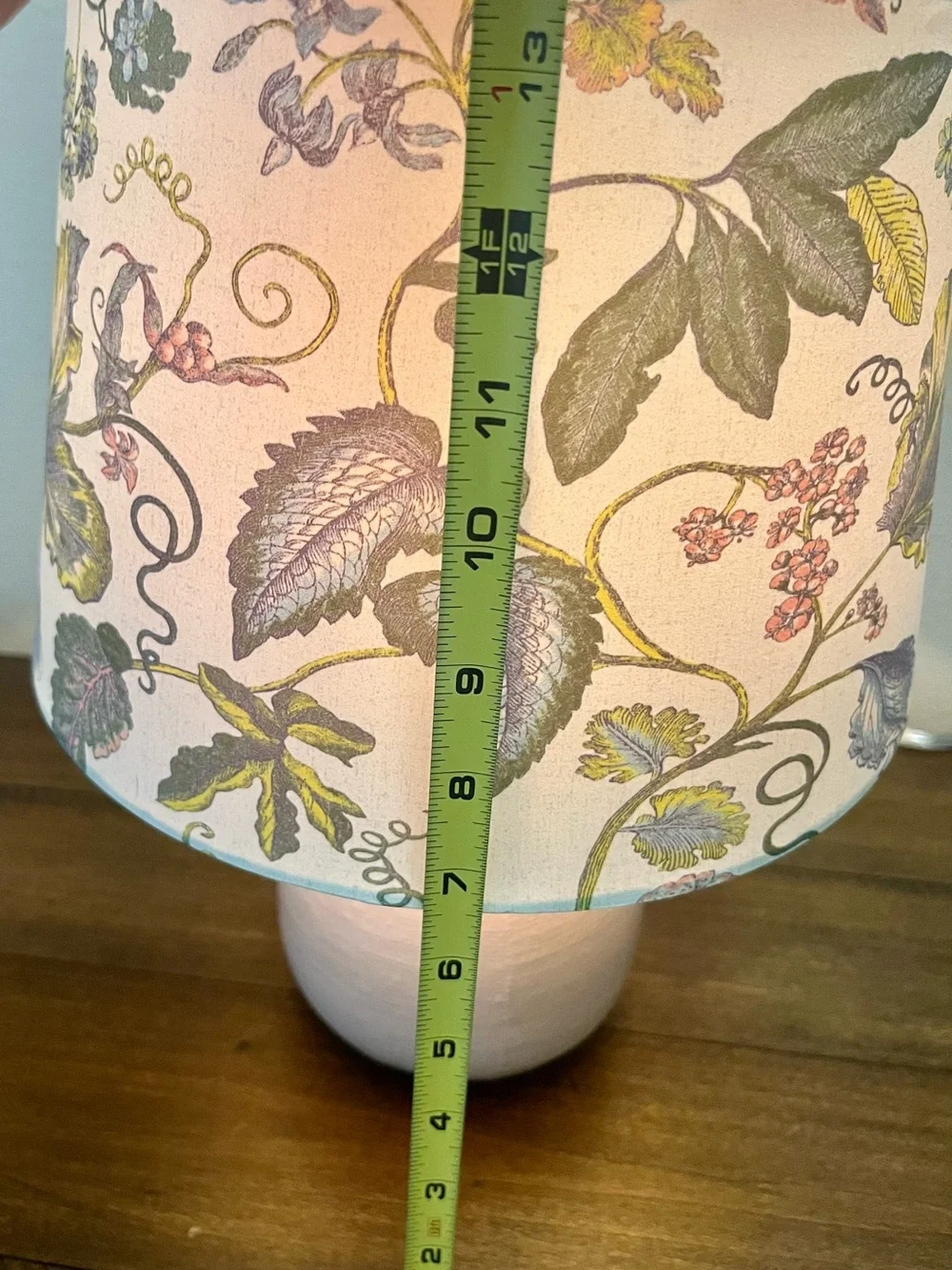 Light Pink Ceramic Table Lamp with Botanical Green & Blue Shade